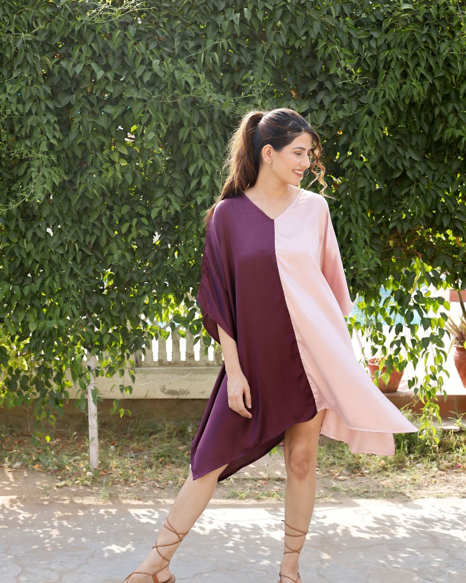 Purple And Pink Satin Kimono Sleeve Plus Size Tunic For Women