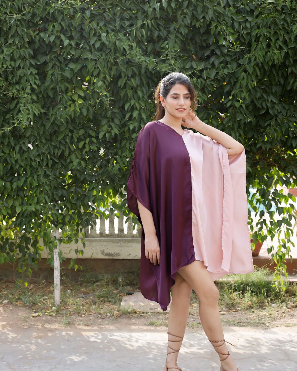Purple And Pink Satin Kimono Sleeve Plus Size Tunic For Women