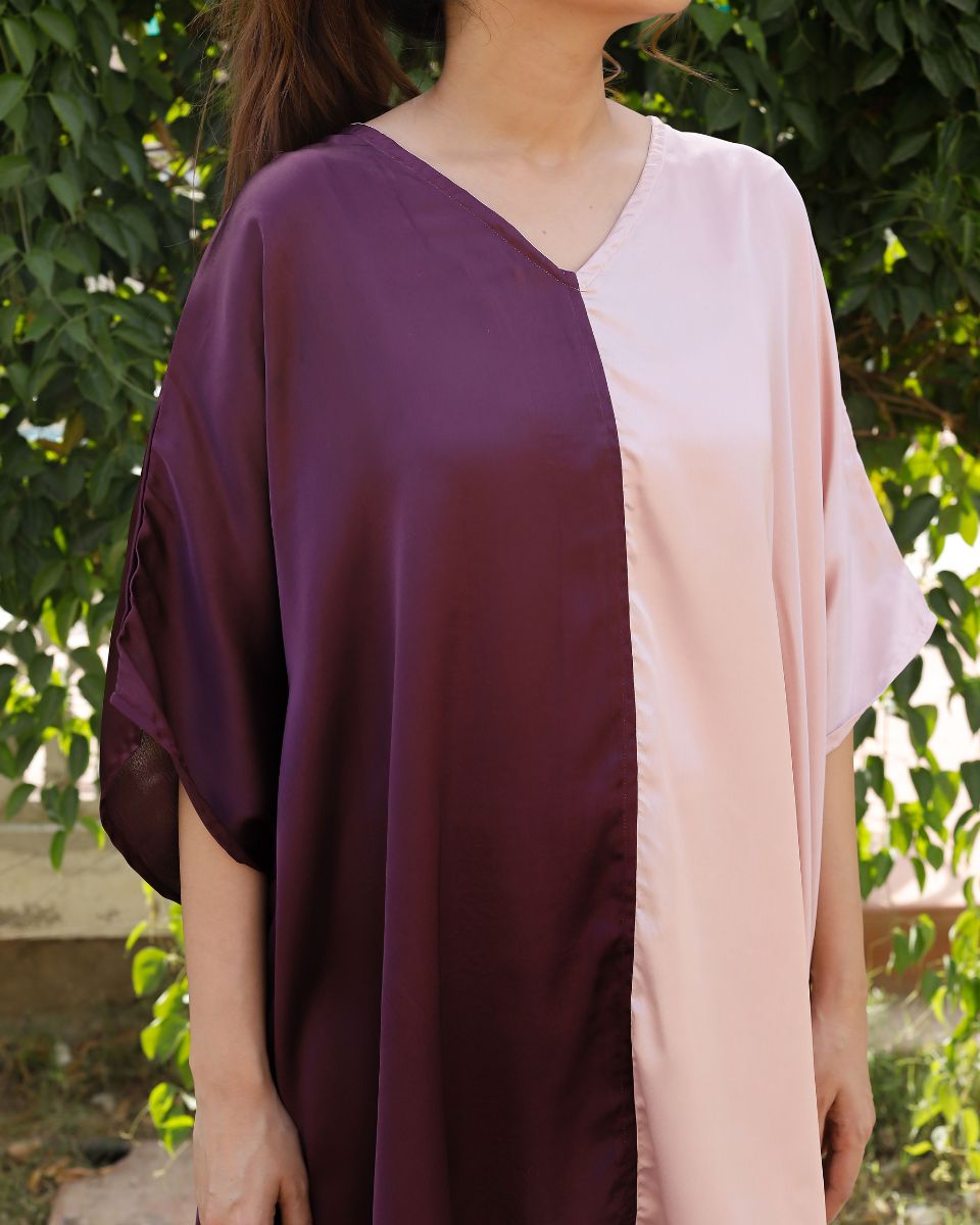 Purple And Pink Satin Kimono Sleeve Plus Size Tunic For Women