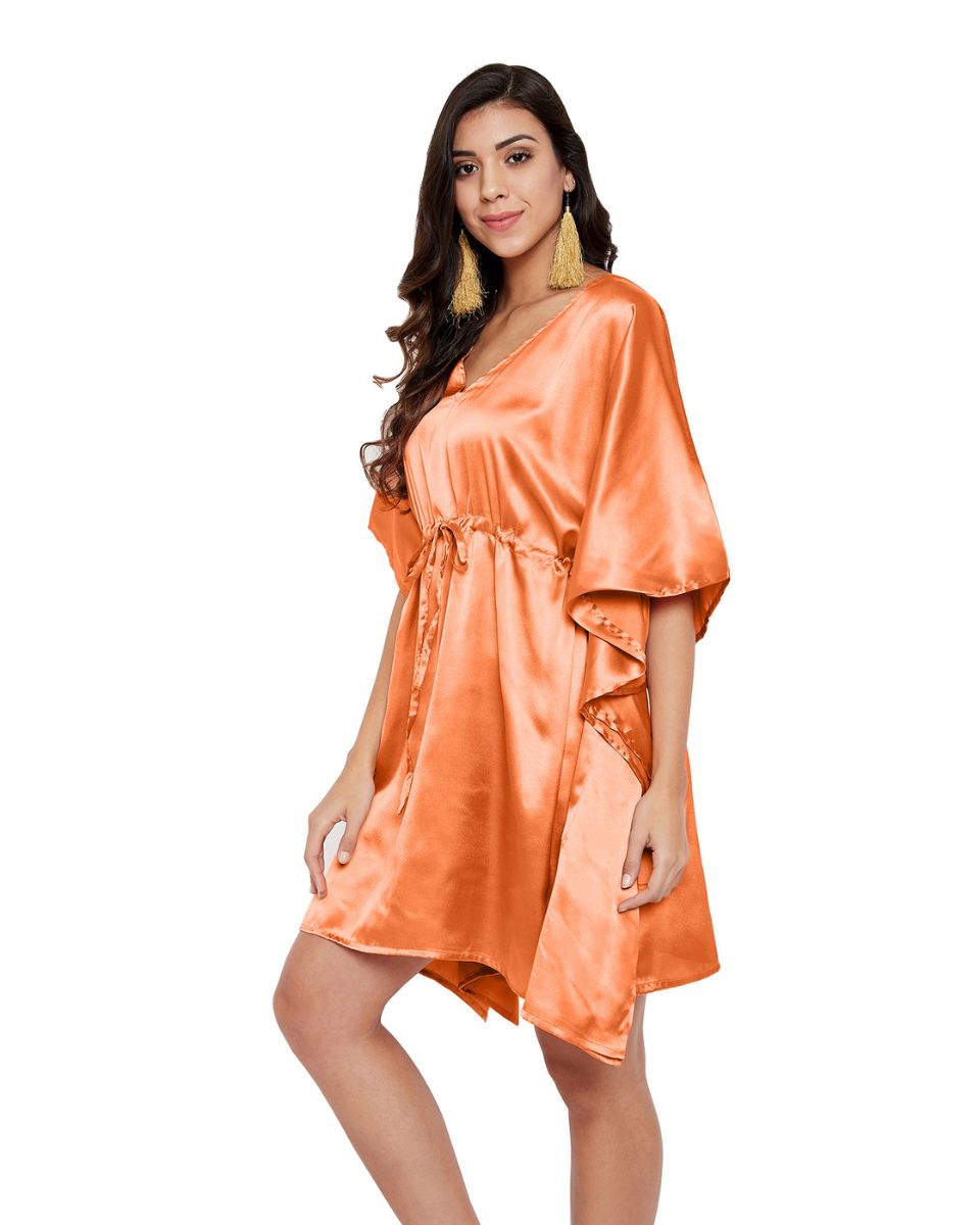 Orange Poly Satin Plus Size Kimono Mini Tunic Dress For Women