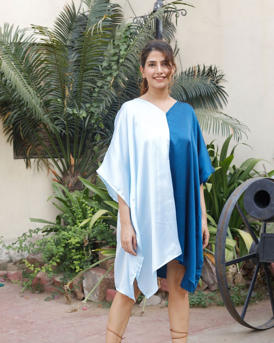 White And Blue Poly Satin Plus Size Beach Wear Tunic For Women