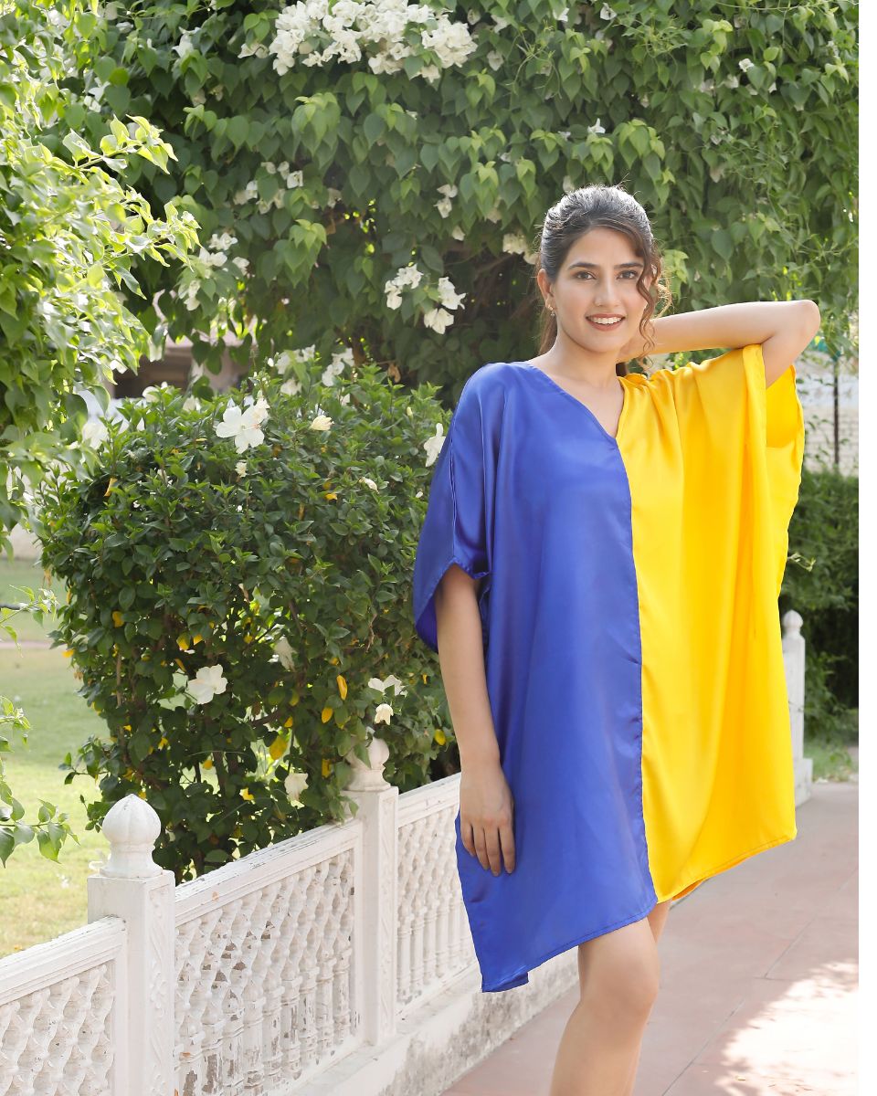Blue Yellow Plus Size Solid Pattern V-Neck Satin Tunic For Women