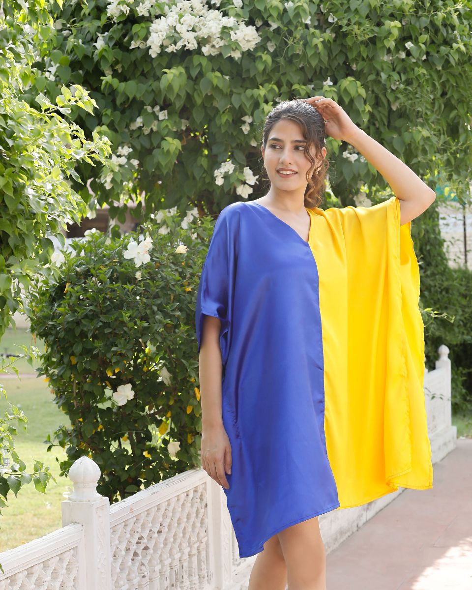 Blue Yellow Plus Size Solid Pattern V-Neck Satin Tunic For Women