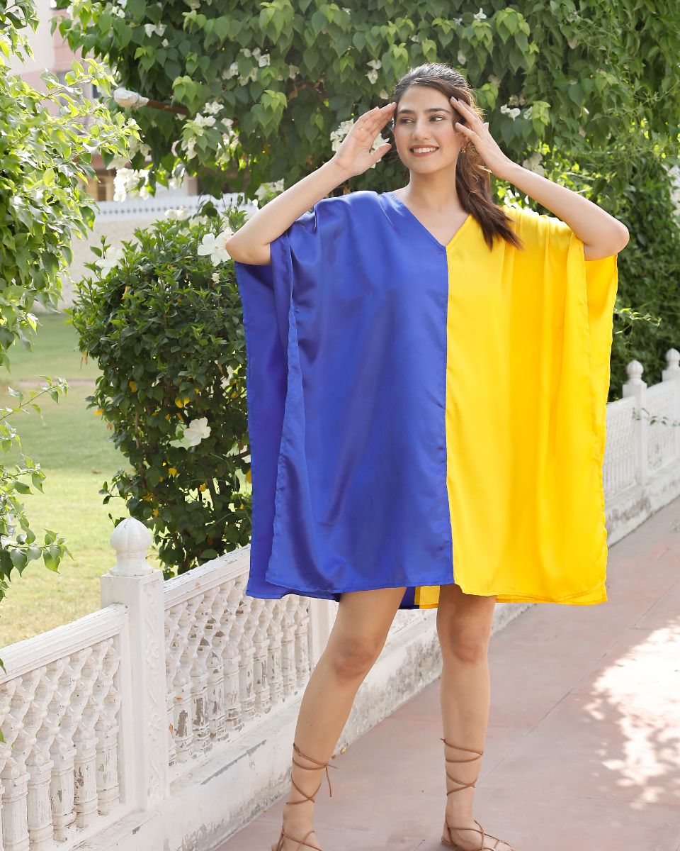 Blue Yellow Plus Size Solid Pattern V-Neck Satin Tunic For Women