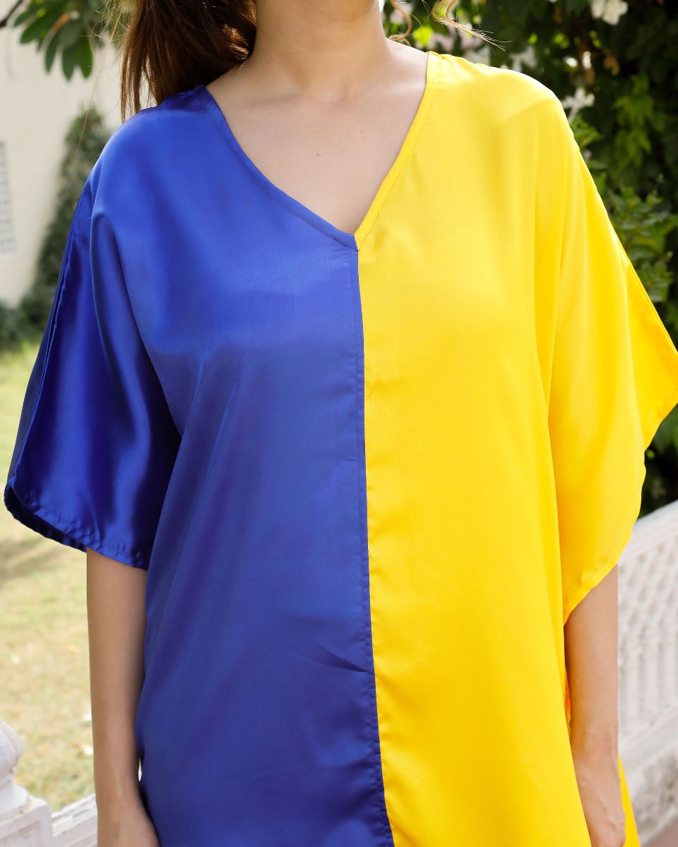 Blue Yellow Plus Size Solid Pattern V-Neck Satin Tunic For Women