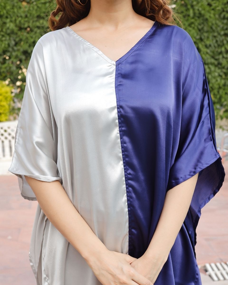 Blue And White Satin Kimono Sleeve Tunic For Plus Size Women
