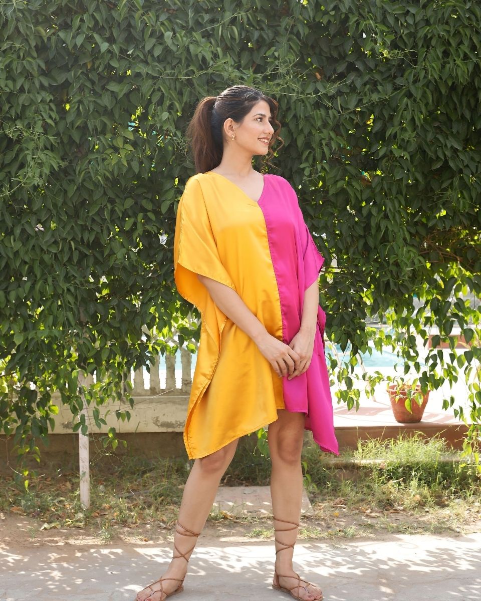 Yellow And Pink Solid Pattern Plus Size Kimono Satin Tunic For Women