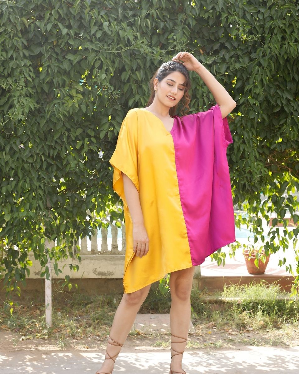 Yellow And Pink Solid Pattern Plus Size Kimono Satin Tunic For Women