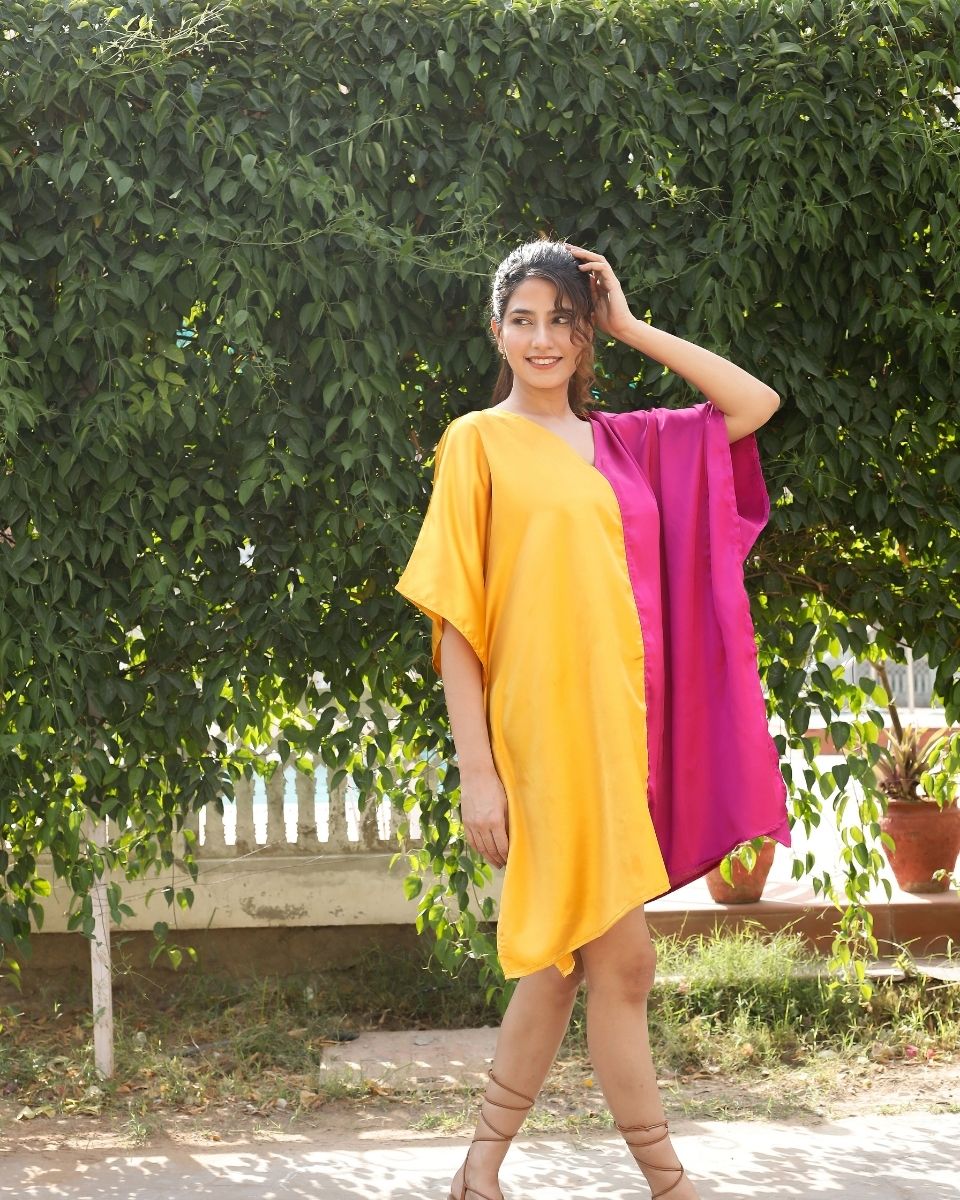 Yellow And Pink Solid Pattern Plus Size Kimono Satin Tunic For Women