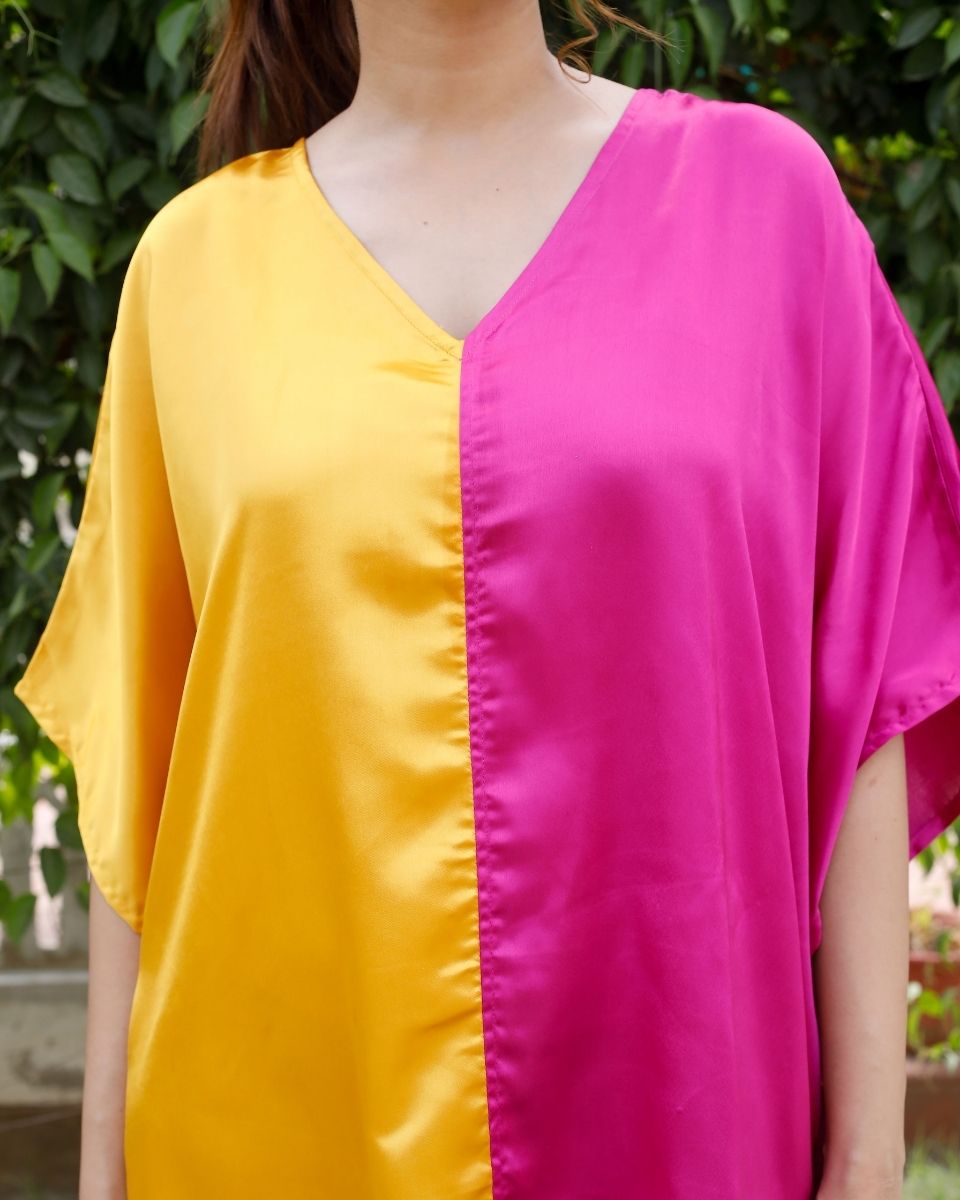 Yellow And Pink Solid Pattern Plus Size Kimono Satin Tunic For Women