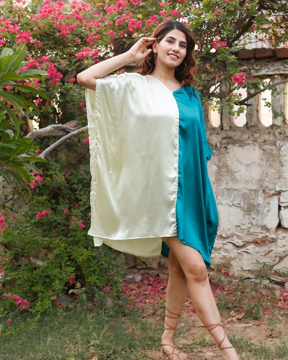 Double Color Kimono Sleeve Poly Satin Tunic For Plus Size Women