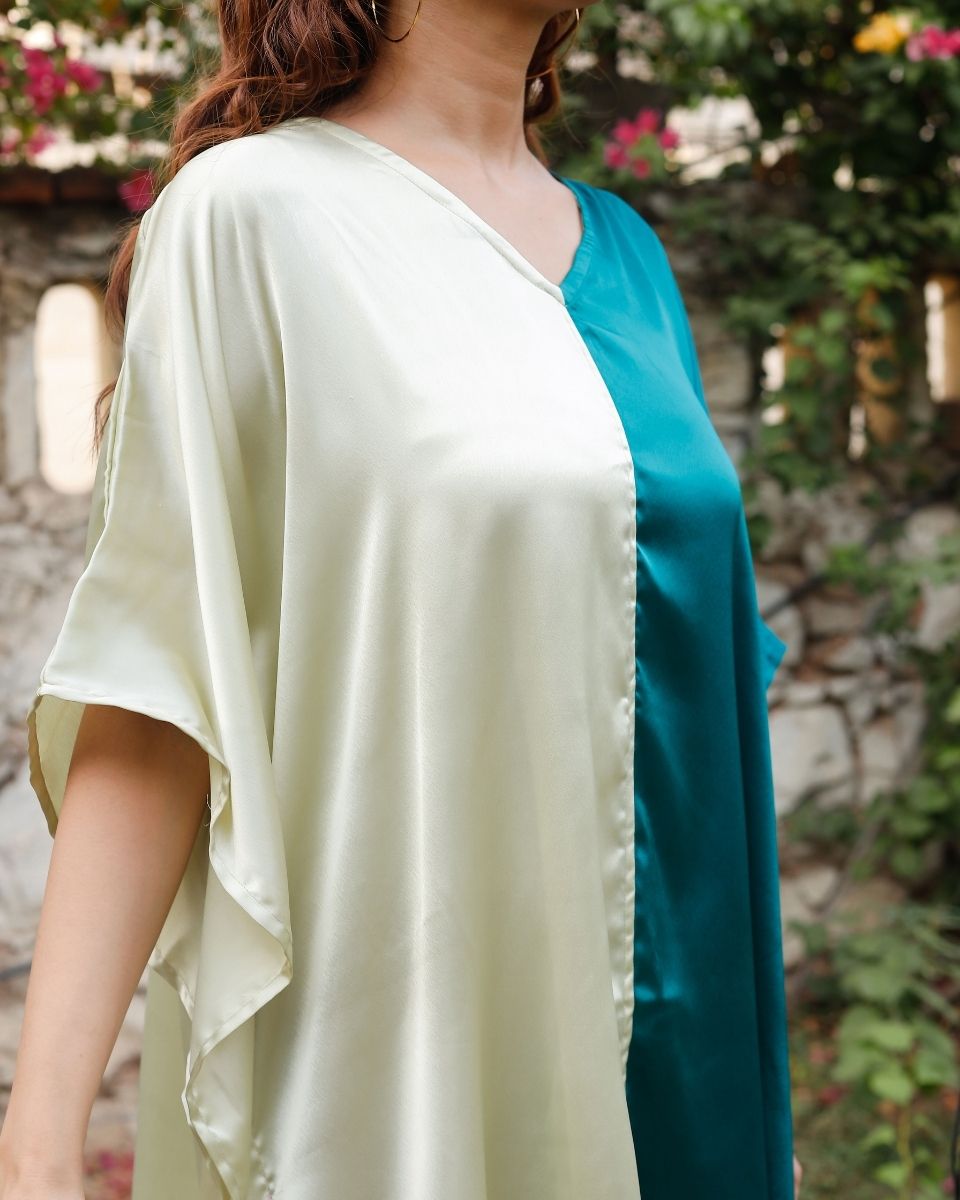 Double Color Kimono Sleeve Poly Satin Tunic For Plus Size Women