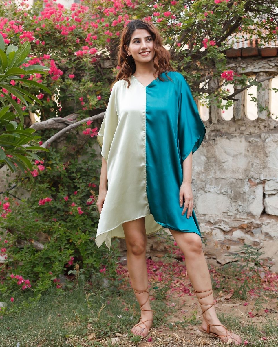 Double Color Kimono Sleeve Poly Satin Tunic For Plus Size Women