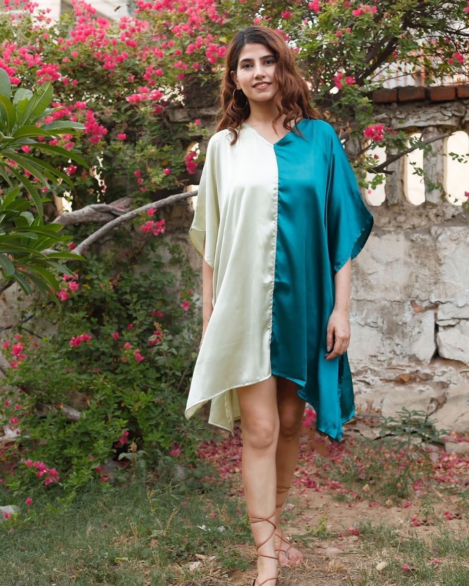 Double Color Kimono Sleeve Poly Satin Tunic For Plus Size Women