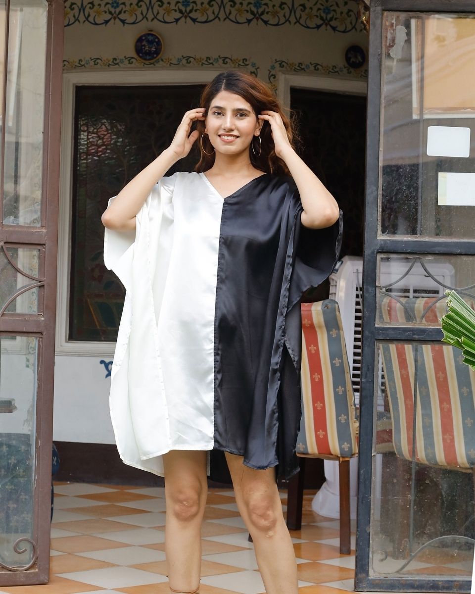 Black And White Kimono Style Plus Size Satin Tunic For Women