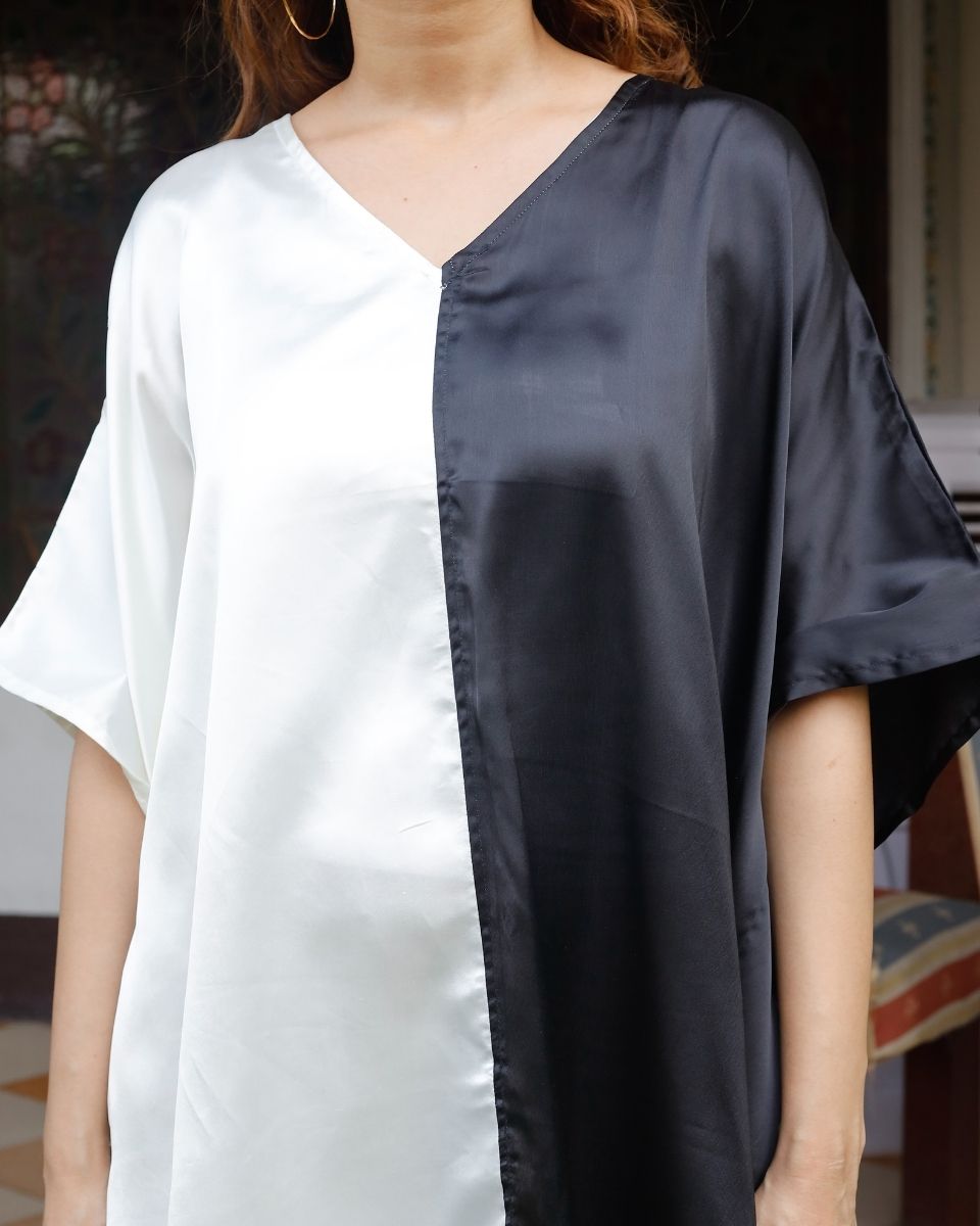 Black And White Kimono Style Plus Size Satin Tunic For Women