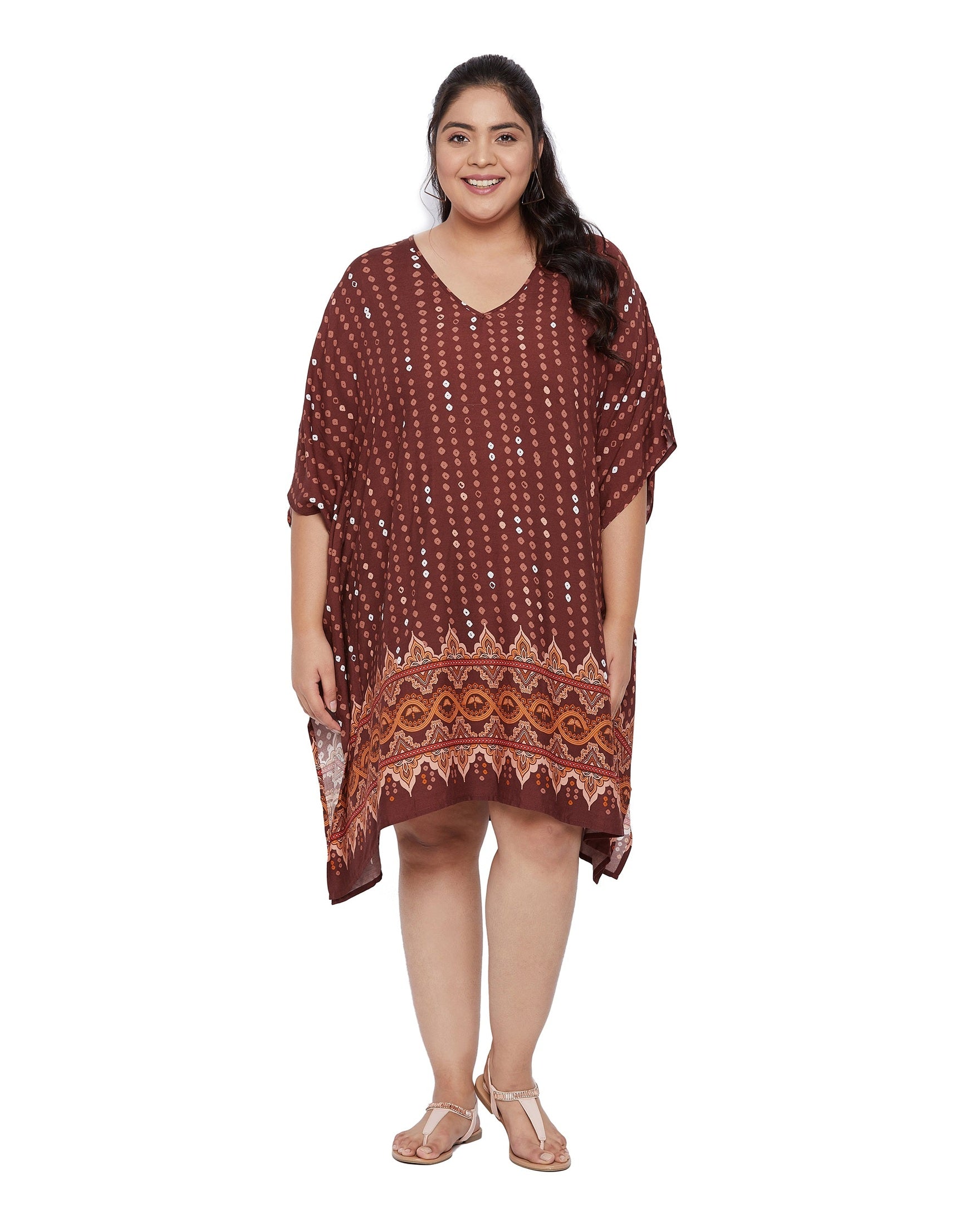 Brown Polka Dot Rayon Tunic Short Kaftan For Women