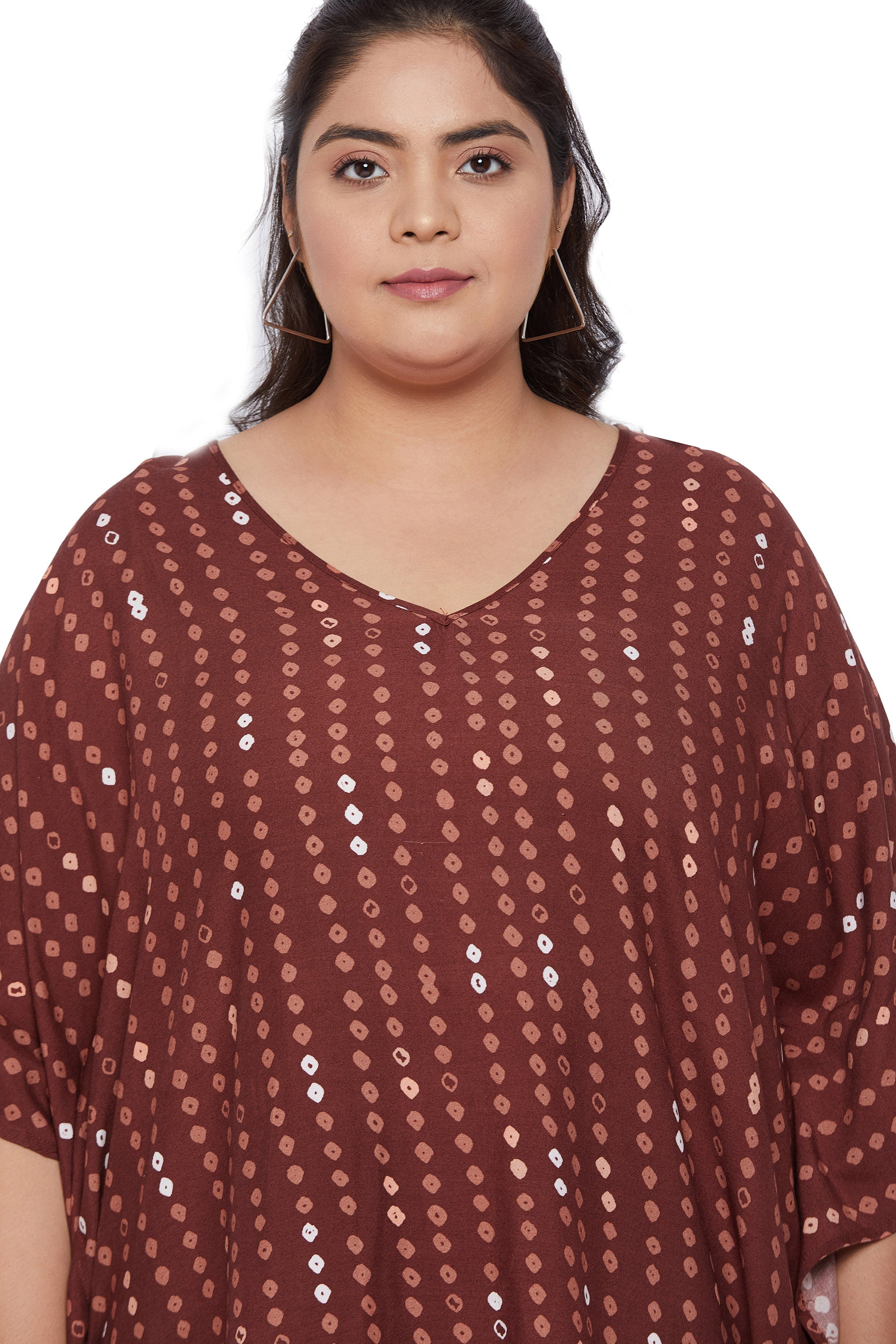 Brown Polka Dot Rayon Tunic Short Kaftan For Women