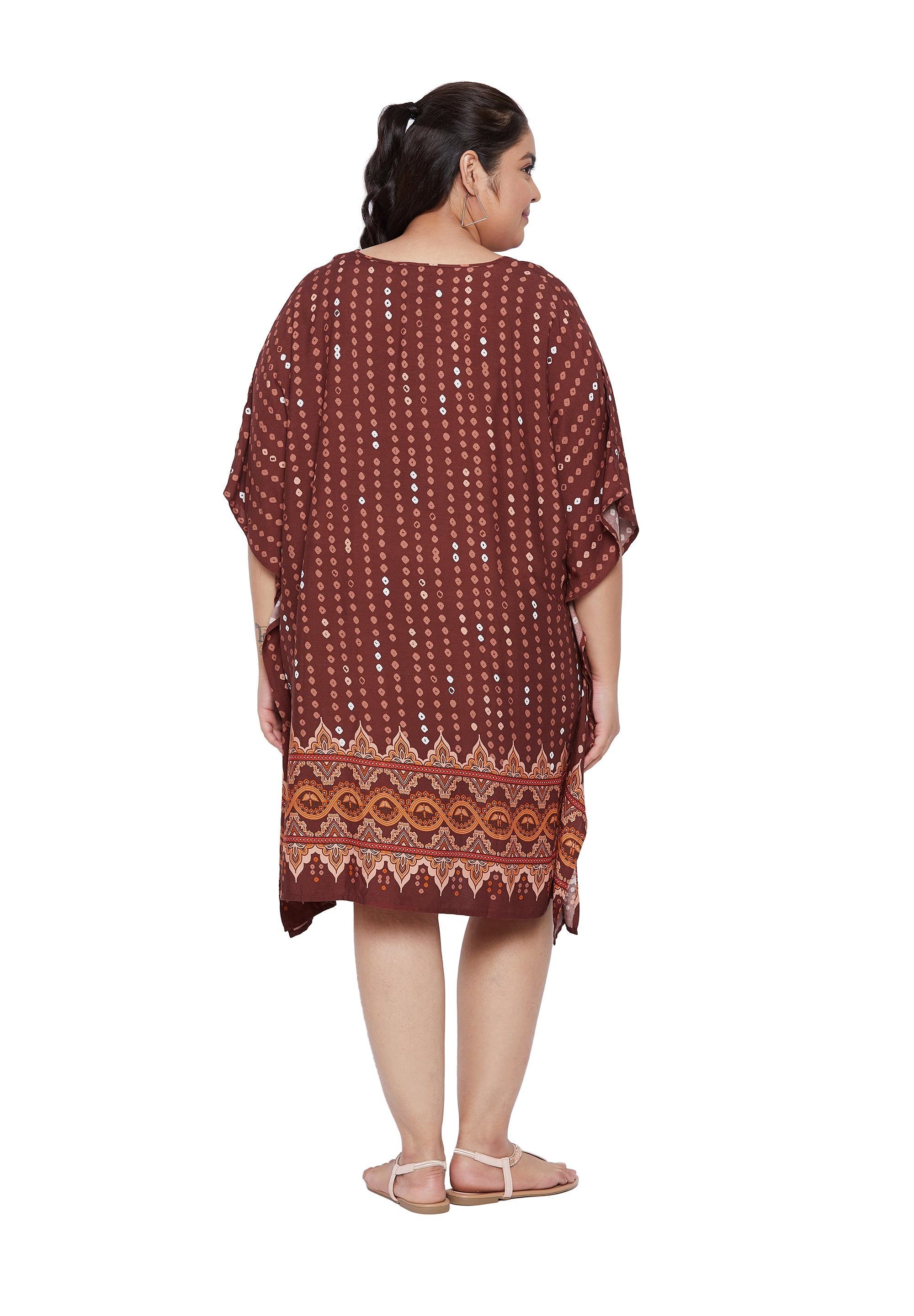 Brown Polka Dot Rayon Tunic Short Kaftan For Women