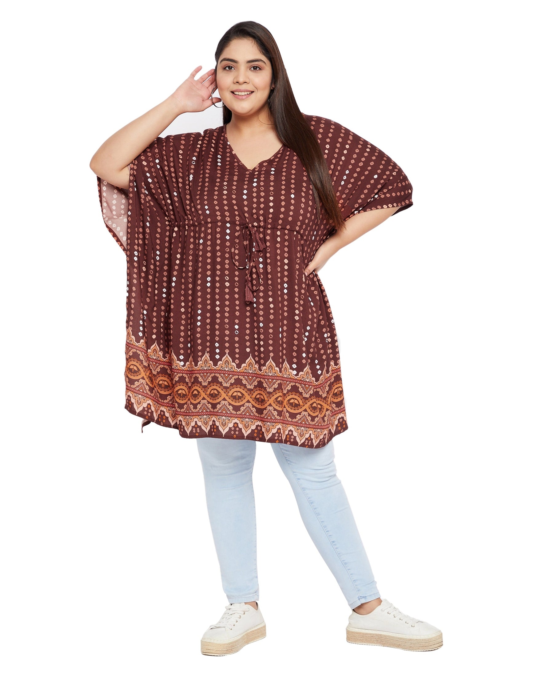 Brown Polka Dot Short Kaftan For Plus Size Women