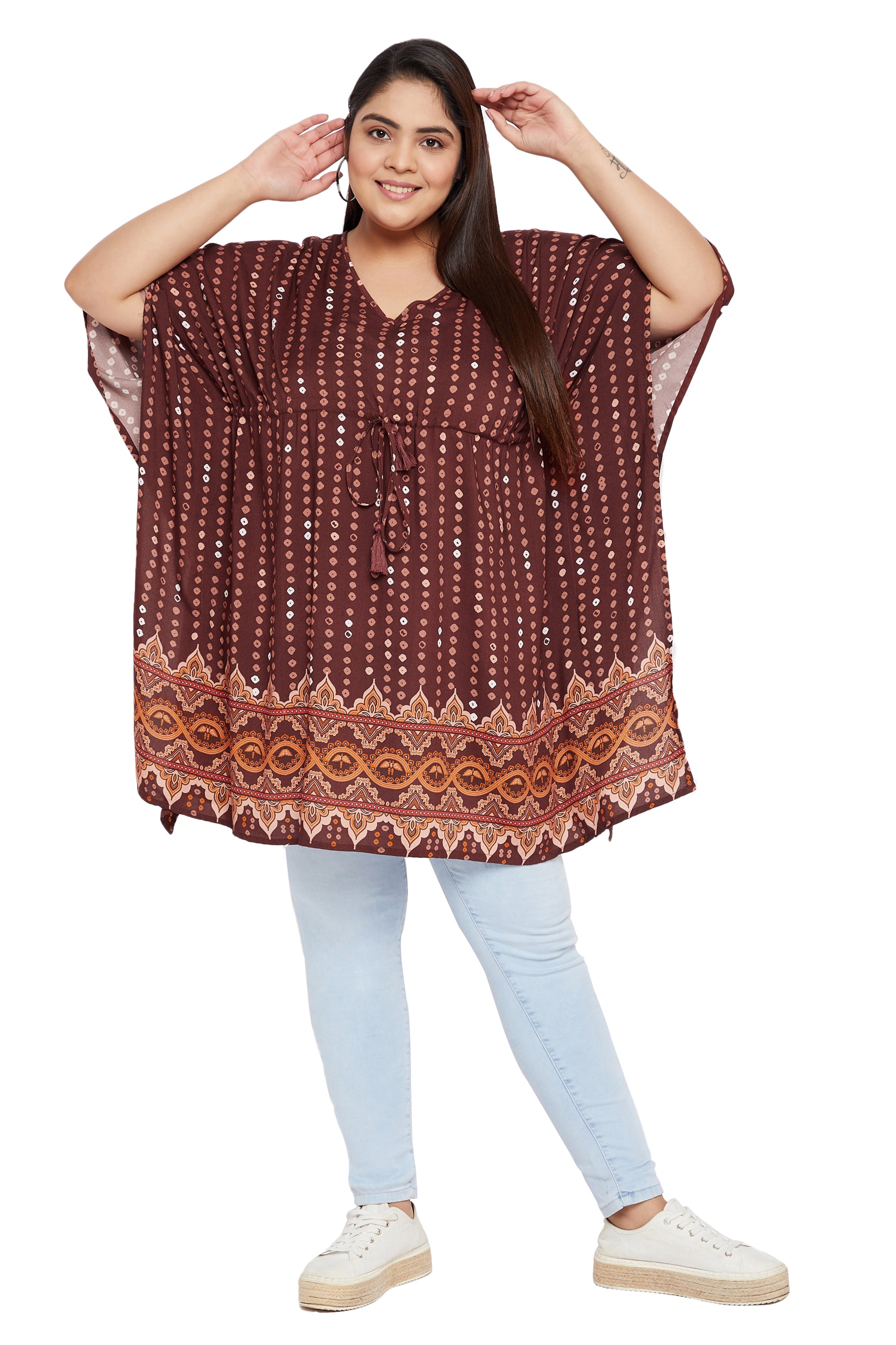 Brown Polka Dot Short Kaftan For Plus Size Women