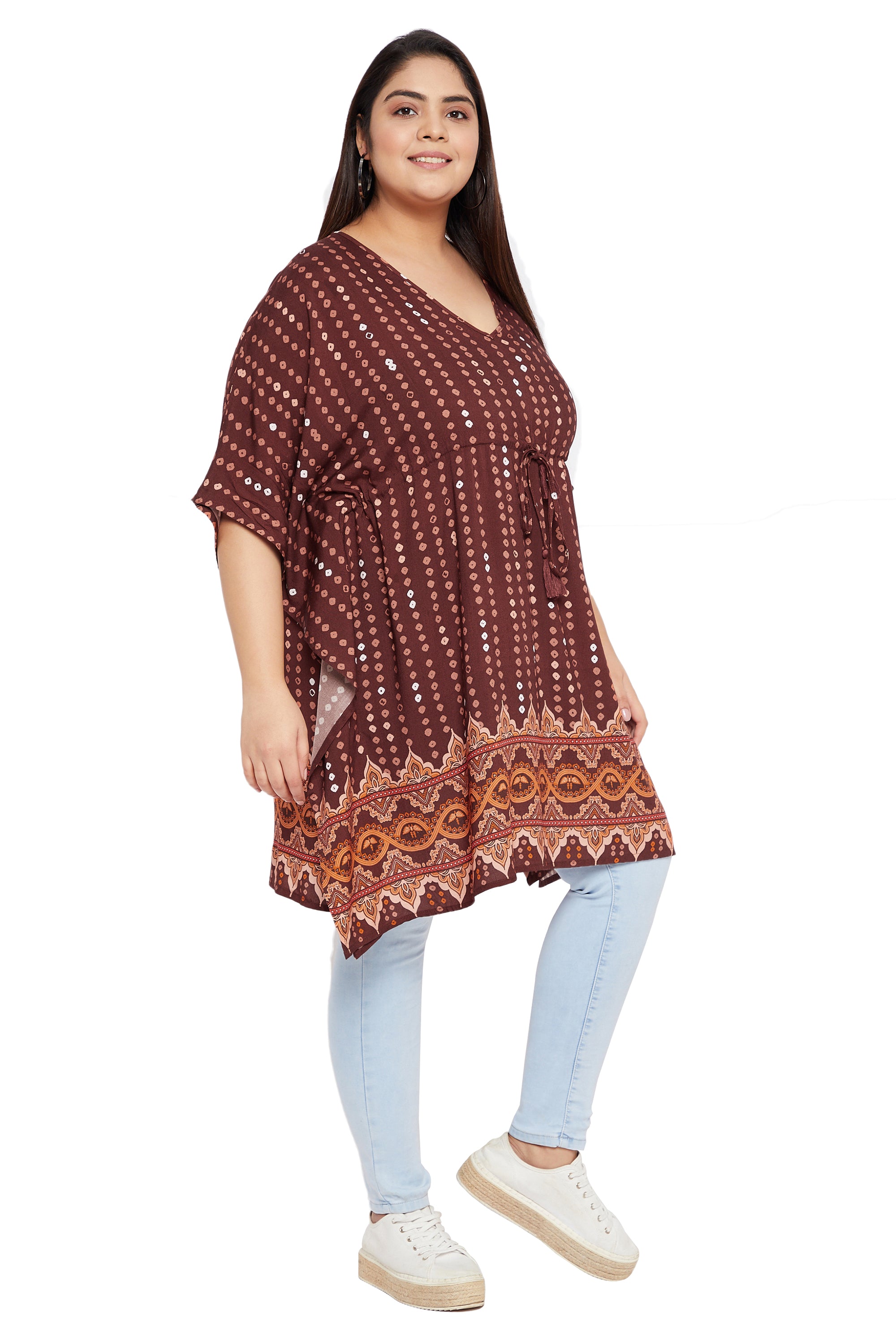 Brown Polka Dot Short Kaftan For Plus Size Women