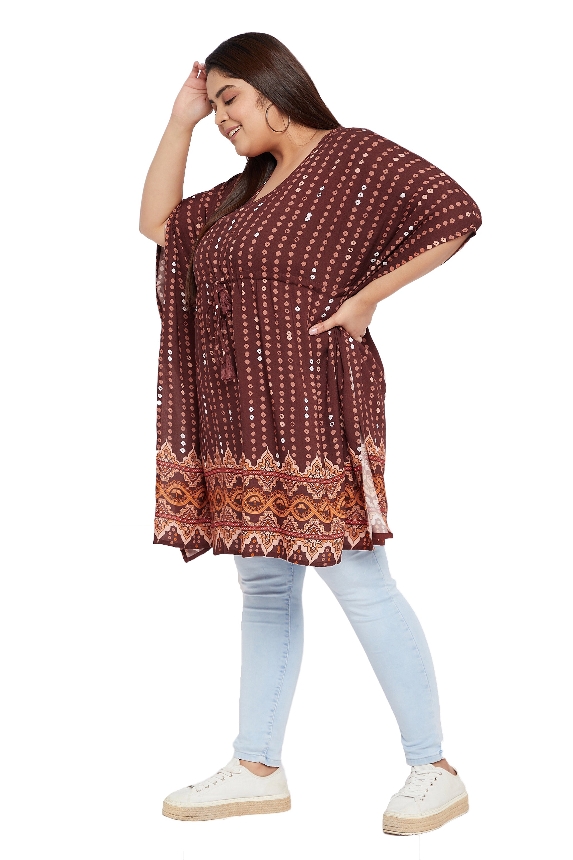Brown Polka Dot Short Kaftan For Plus Size Women