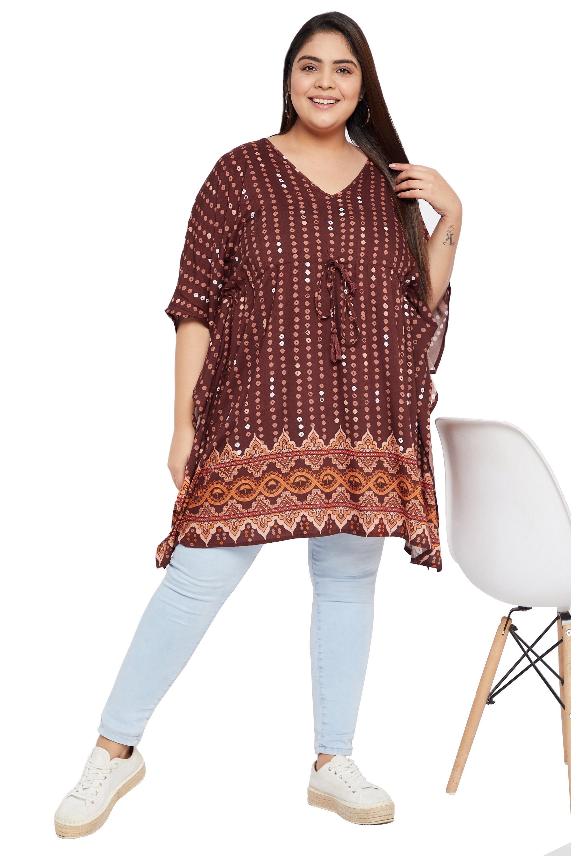 Brown Polka Dot Short Kaftan For Plus Size Women