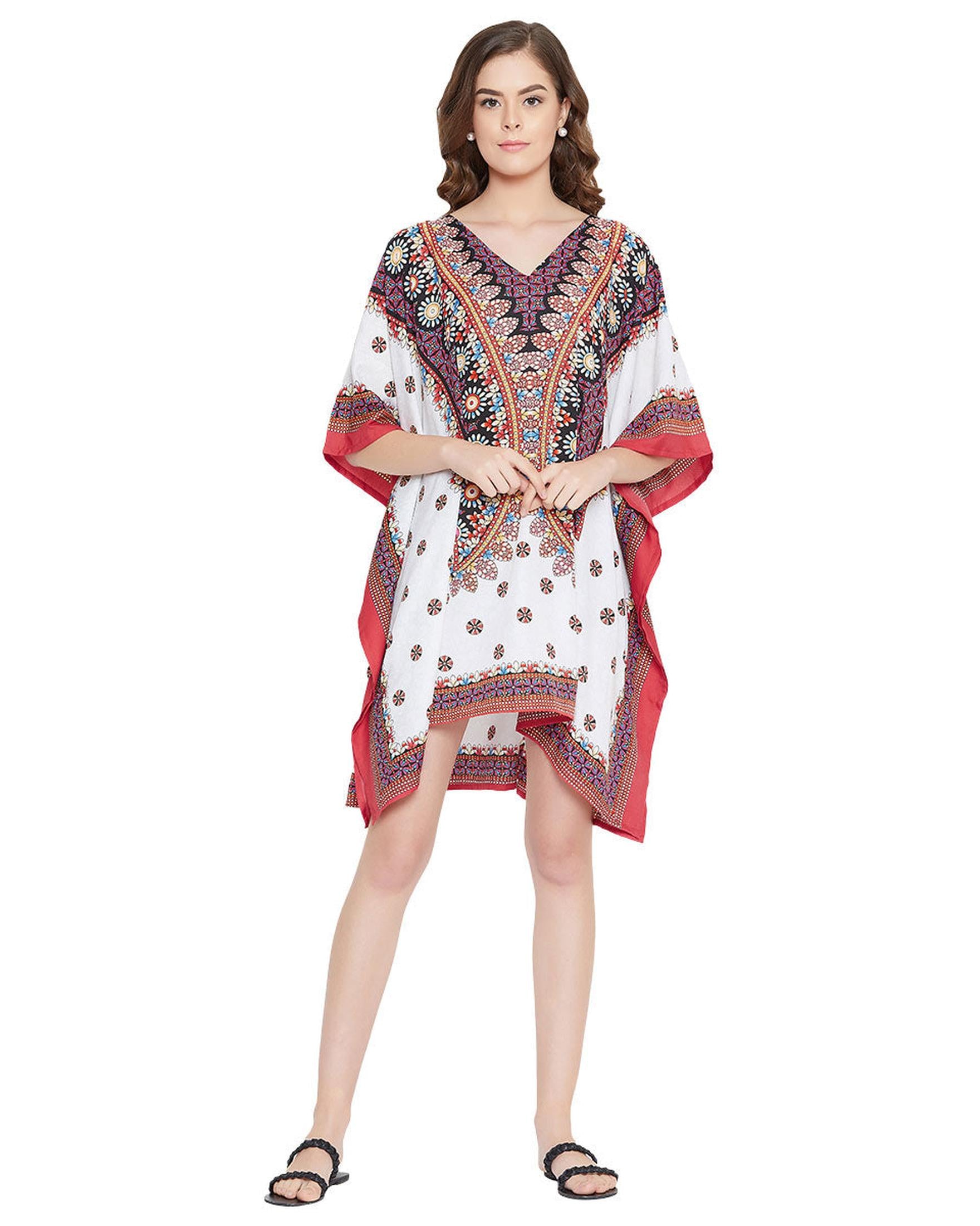 White Dashiki Print Polyester Tunic Dress For Women Plus Size 1X-3X