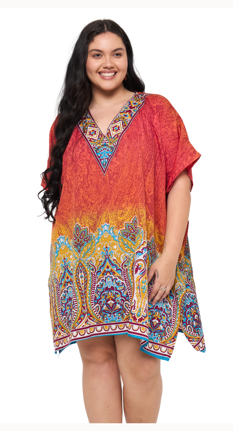 Orange Floral Polyester Women Plus Size Short Kaftan - SKU SG136-8207 - Gypsie Blu