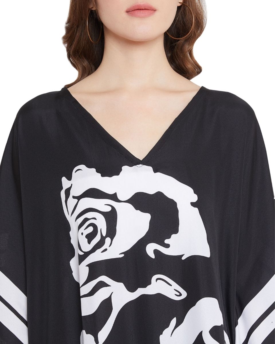 Floral Printed Black Polyester Tunic Top For Plus Size Women