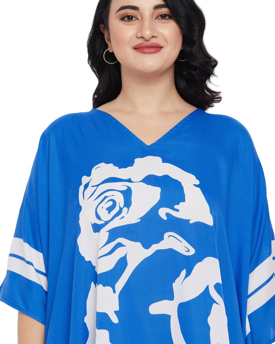Blue And White Floral Kimono Dress Plus Size Polyester Tunic For Women
