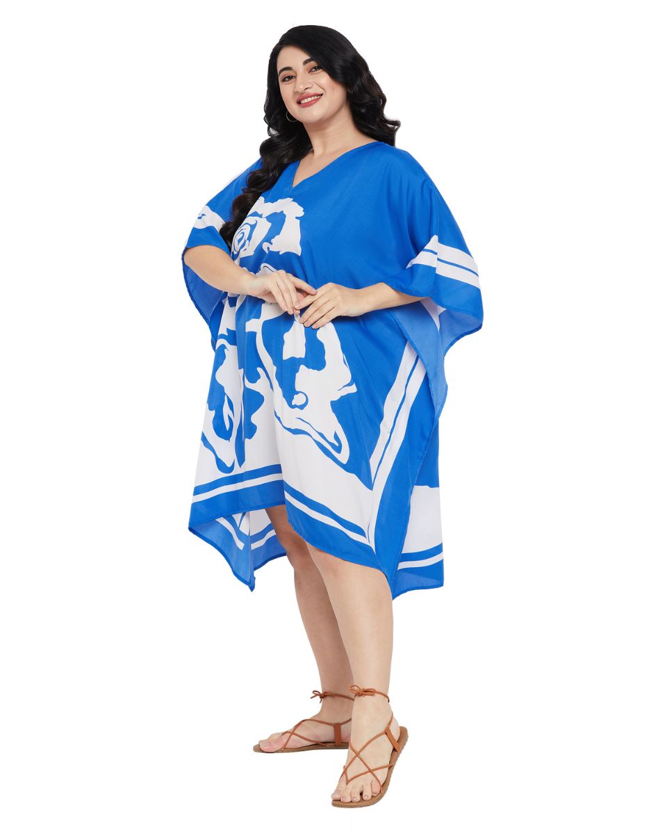 Blue And White Floral Kimono Dress Plus Size Polyester Tunic For Women