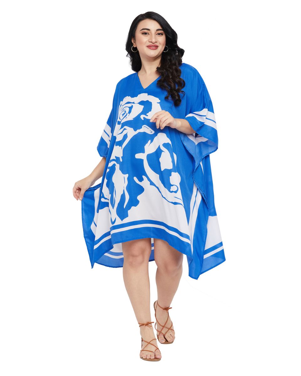 Blue And White Floral Kimono Dress Plus Size Polyester Tunic For Women