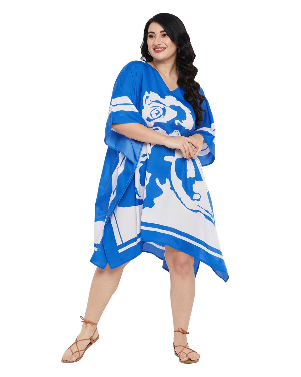 Blue And White Floral Kimono Dress Plus Size Polyester Tunic For Women
