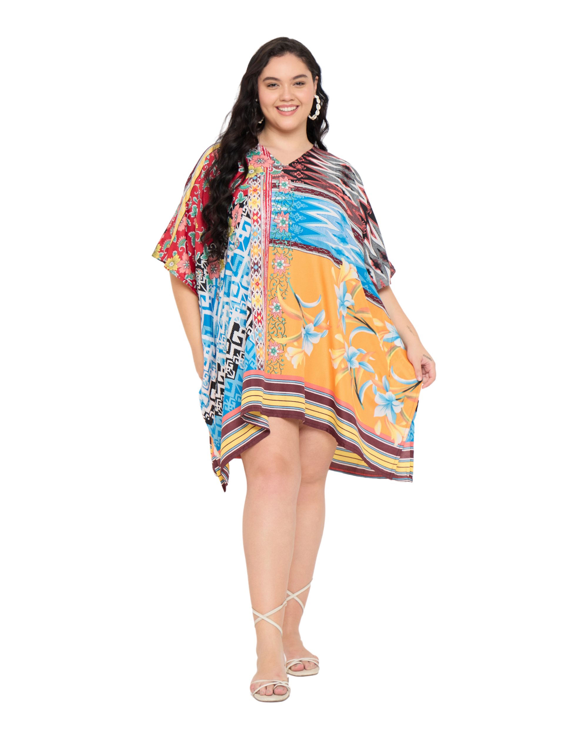 Floral Bright Orange Polyester Plus Size Short Caftan Tunic Cover up for Women