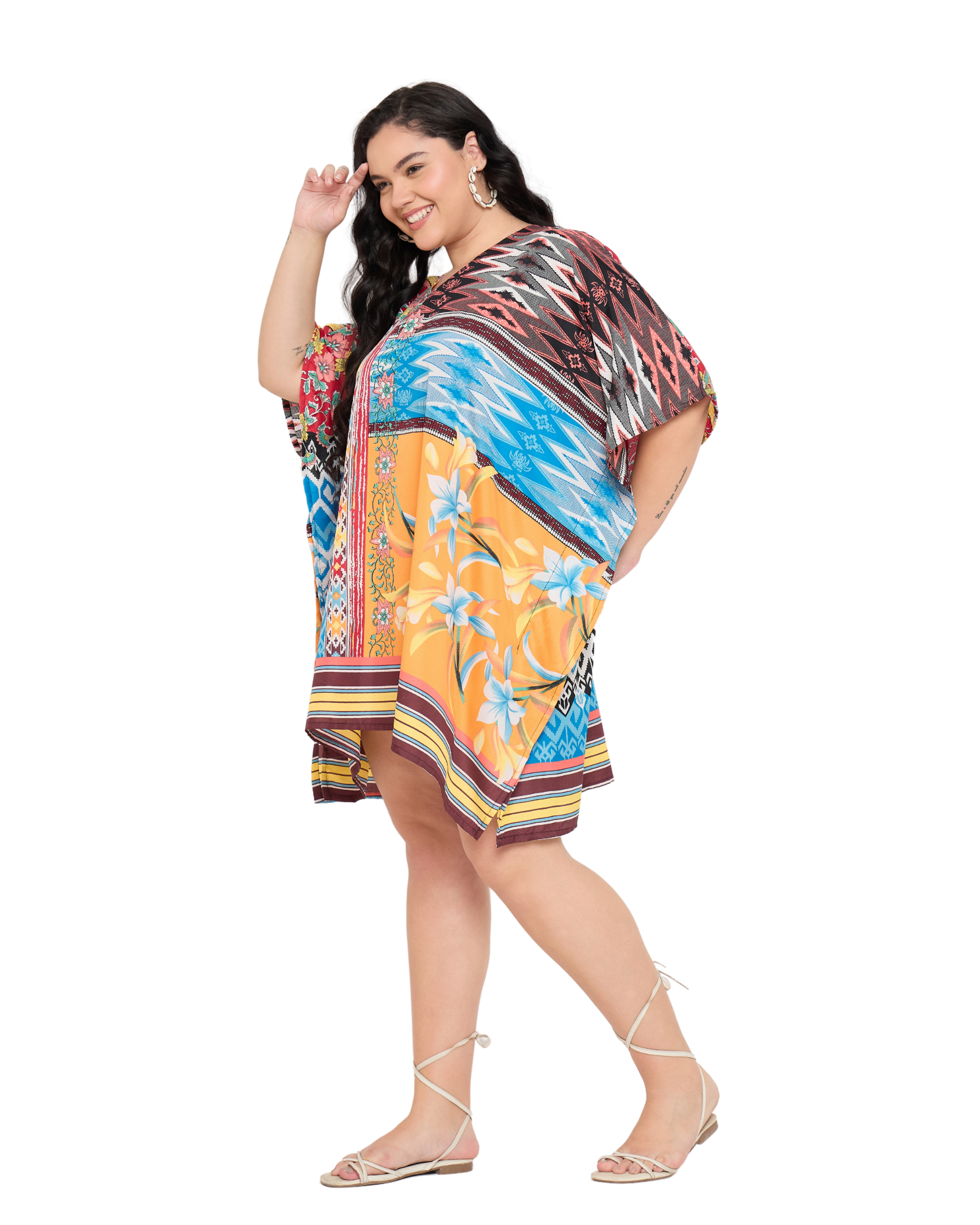 Floral Bright Orange Polyester Plus Size Short Caftan Tunic Cover up for Women