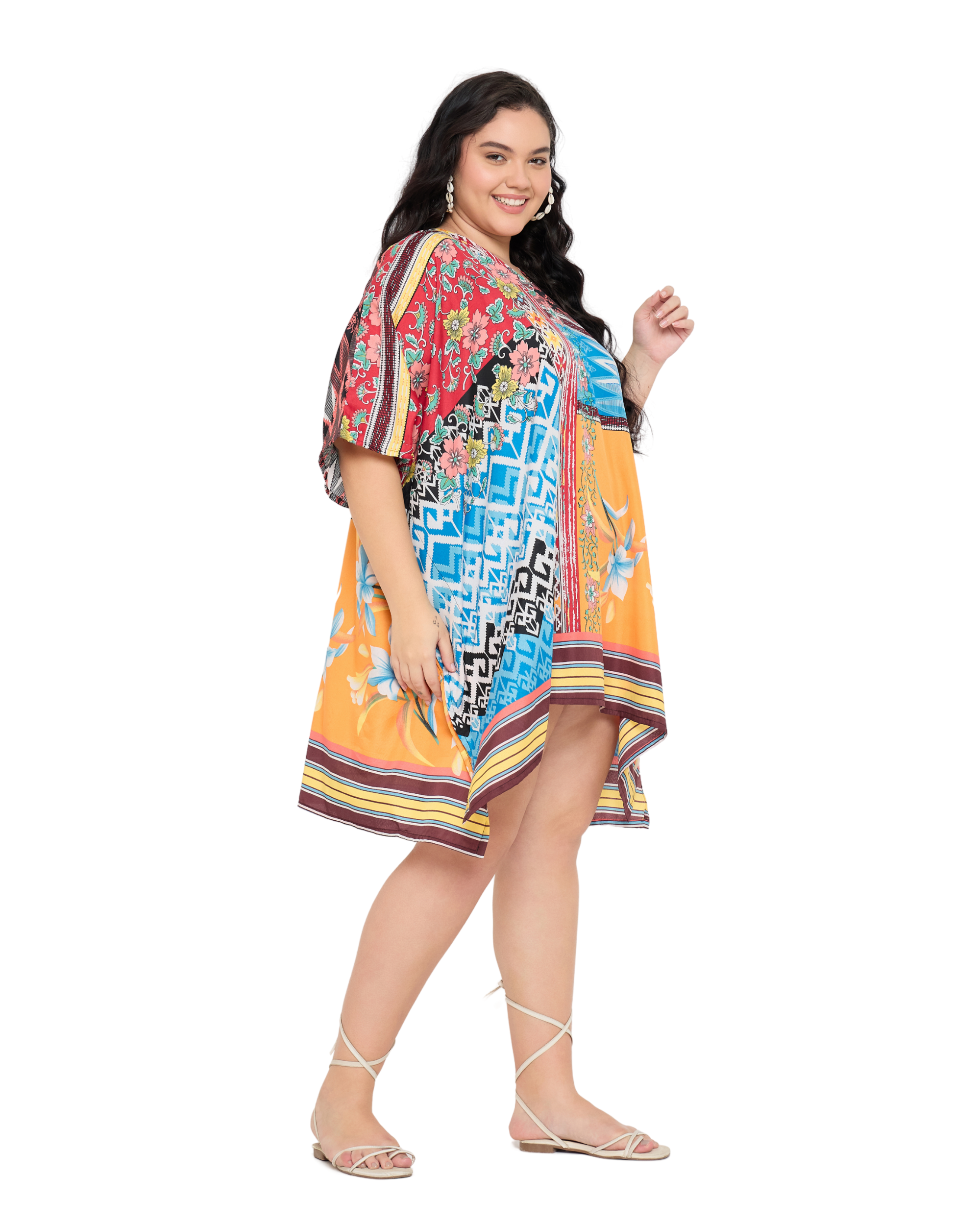 Floral Bright Orange Polyester Plus Size Short Caftan Tunic Cover up for Women