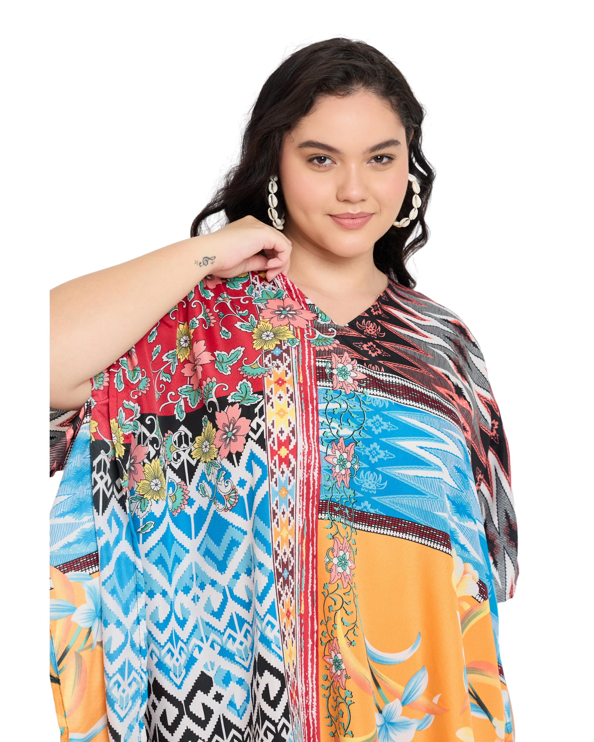 Floral Bright Orange Polyester Plus Size Short Caftan Tunic Cover up for Women