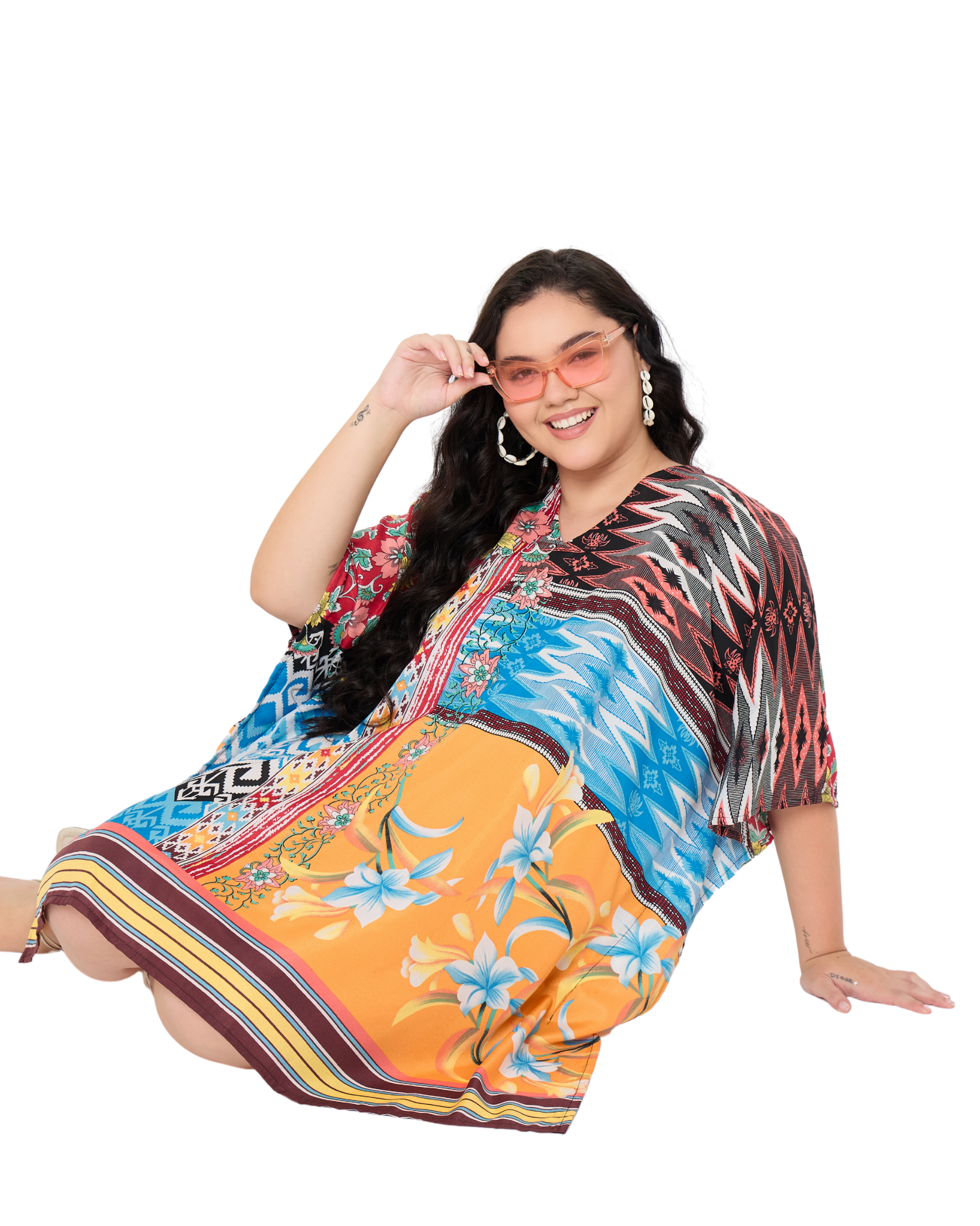 Floral Bright Orange Polyester Plus Size Short Caftan Tunic Cover up for Women