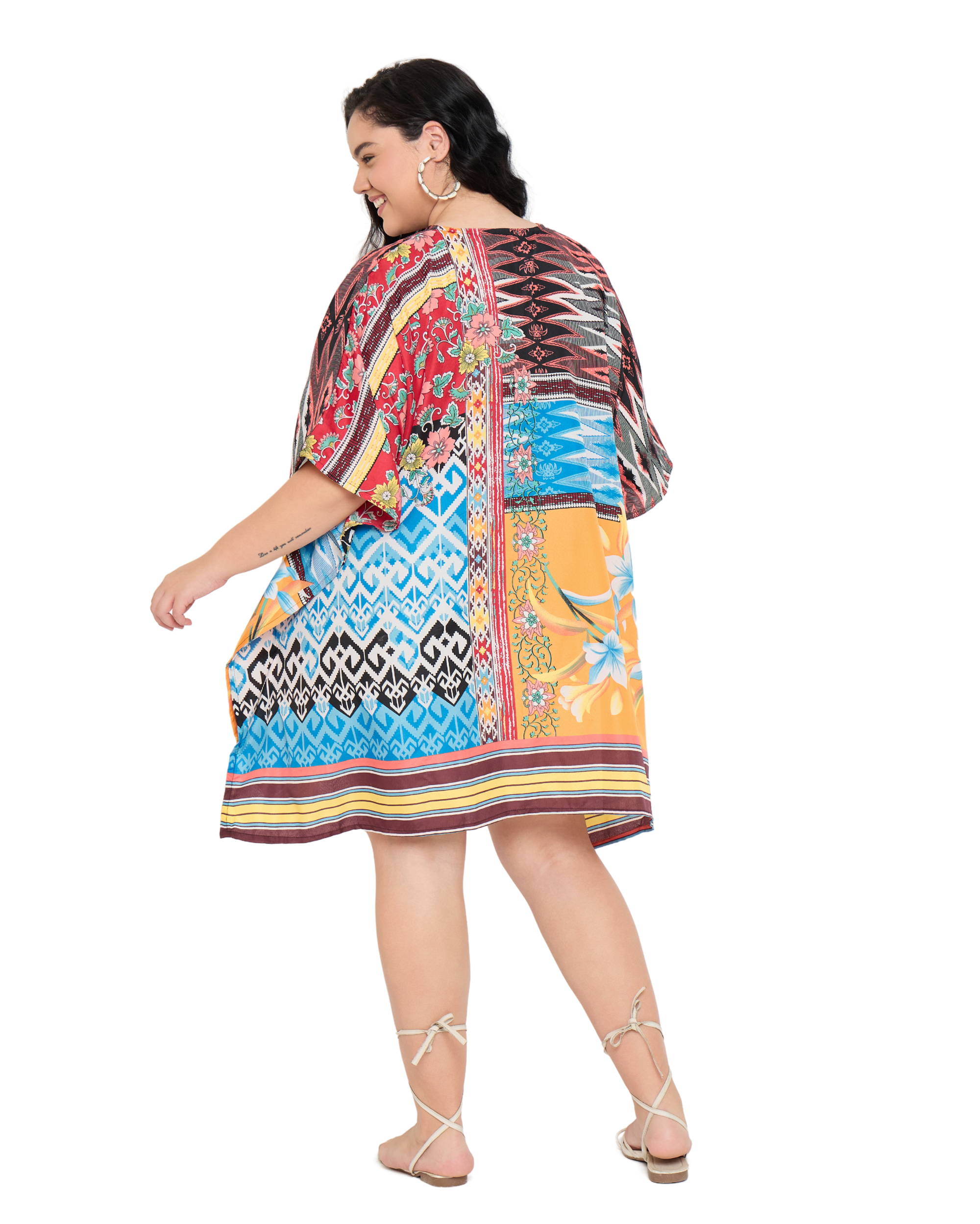 Floral Bright Orange Polyester Plus Size Short Caftan Tunic Cover up for Women