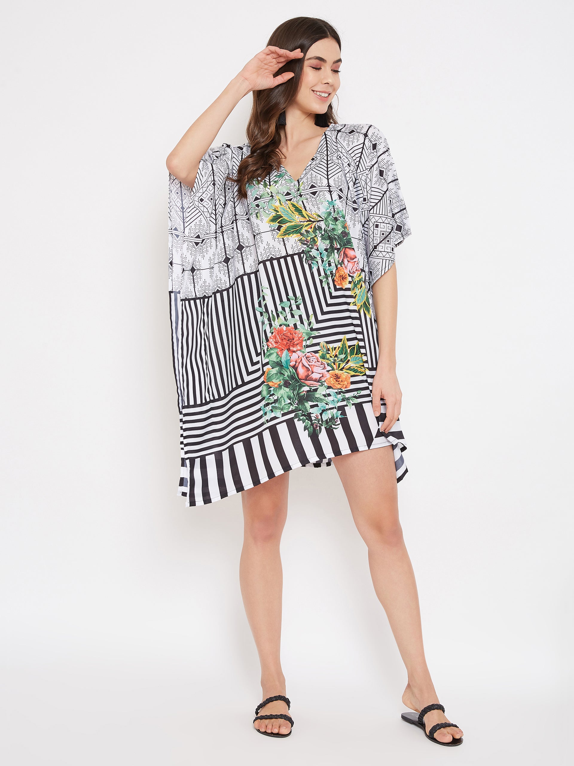Striped Print Black Polyester Tunic Beach Short Kaftan For Women