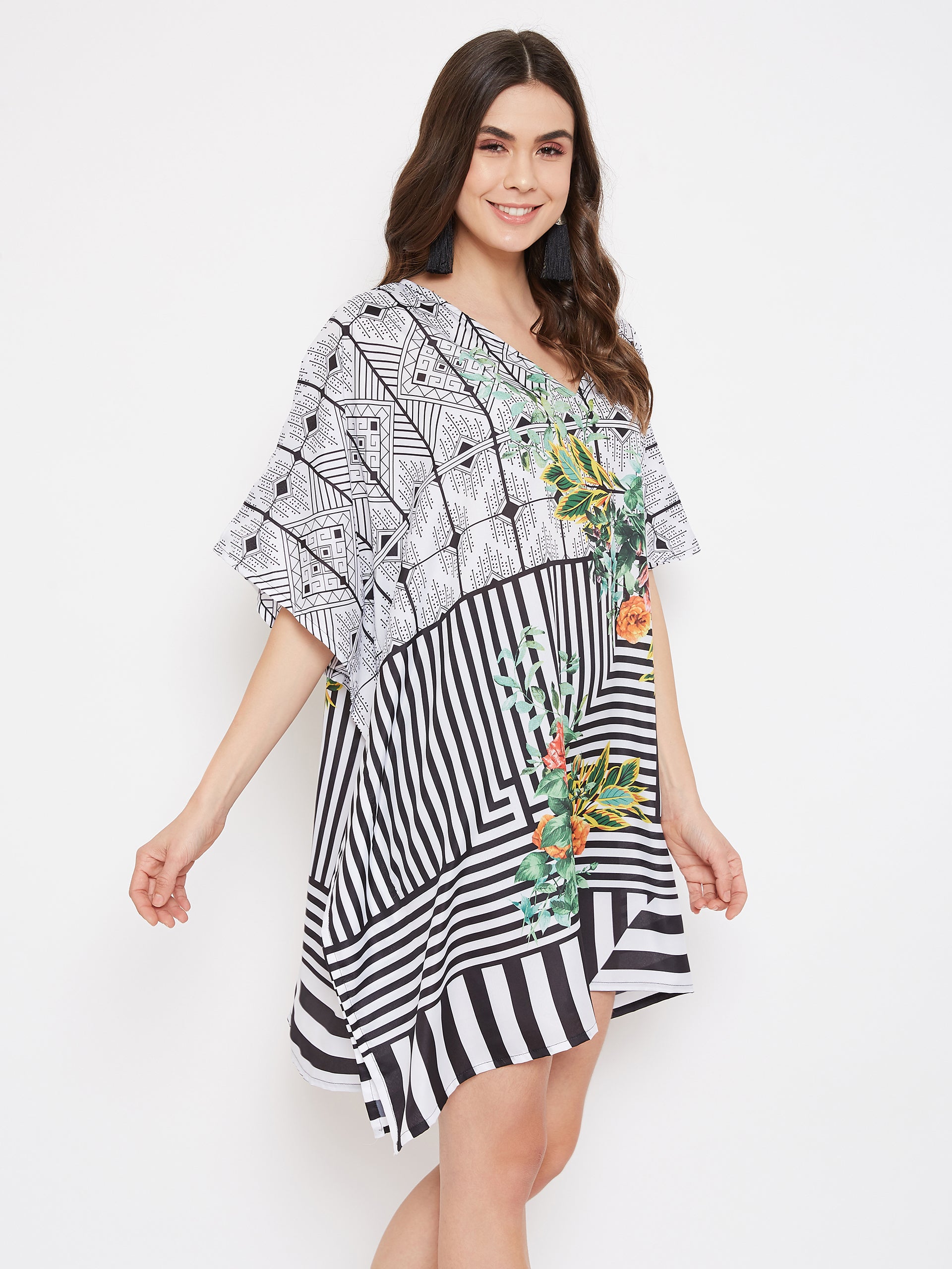 Striped Print Black Polyester Tunic Beach Short Kaftan For Women