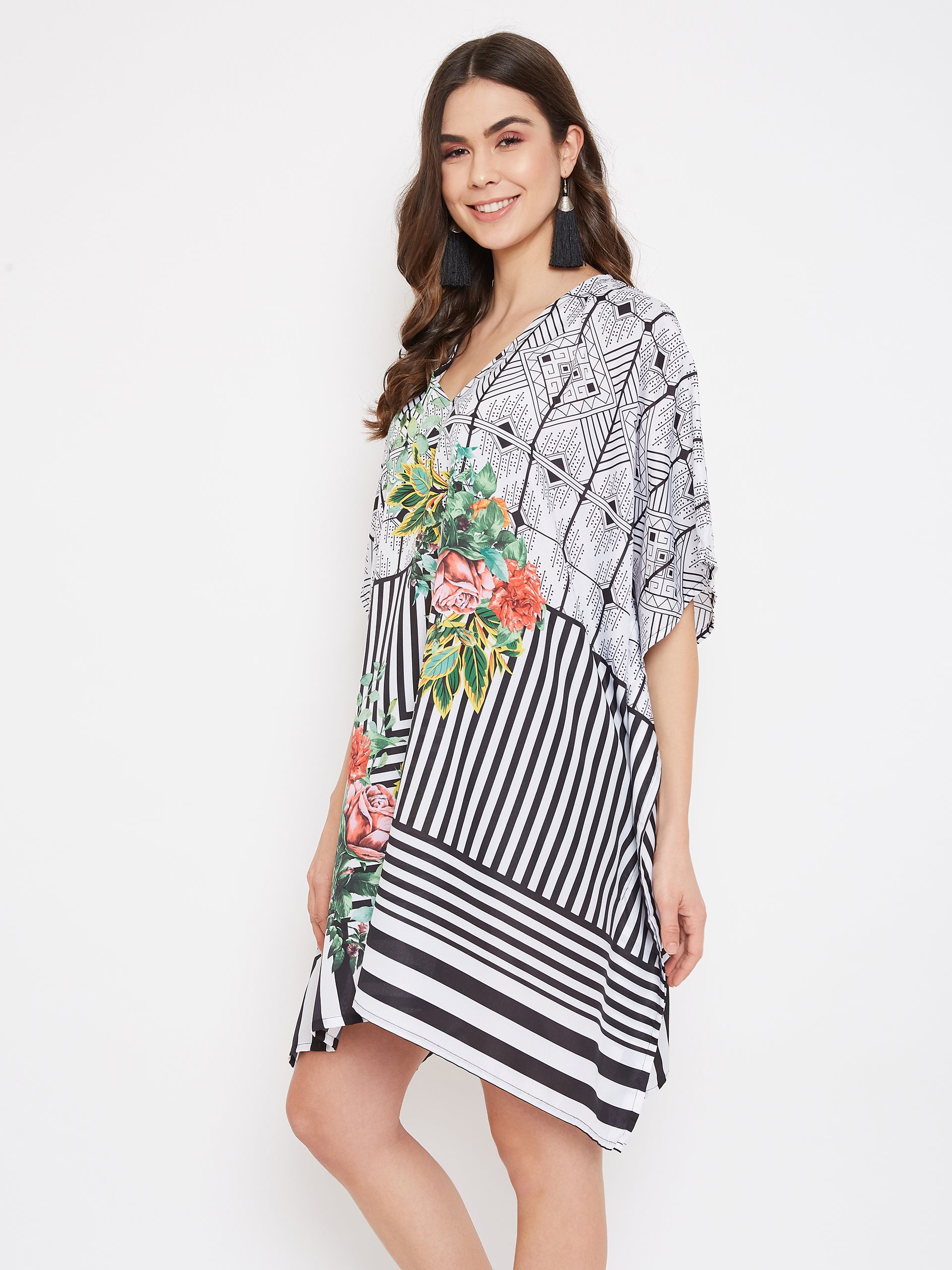 Striped Print Black Polyester Tunic Beach Short Kaftan For Women