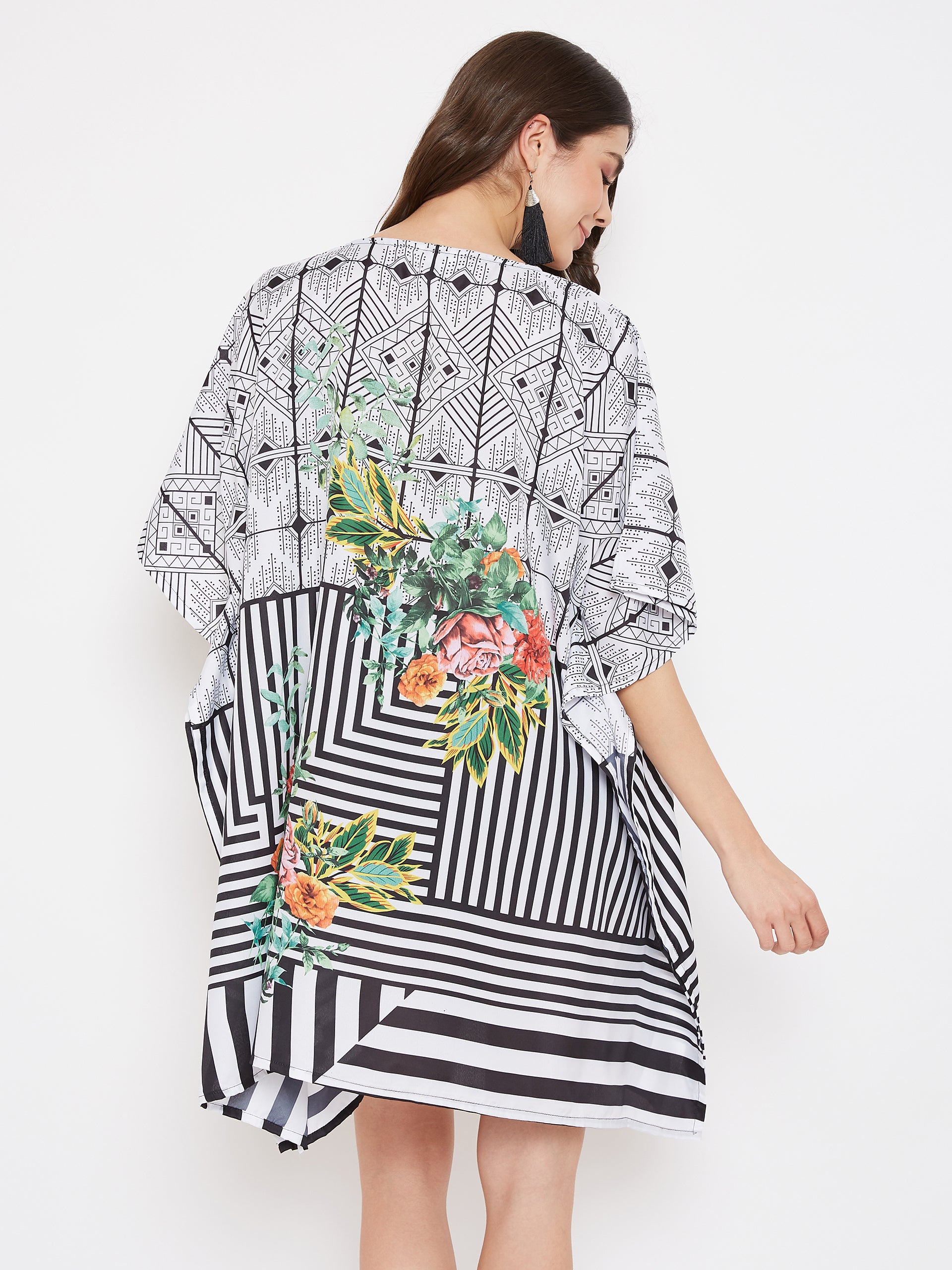 Striped Print Black Polyester Tunic Beach Short Kaftan For Women