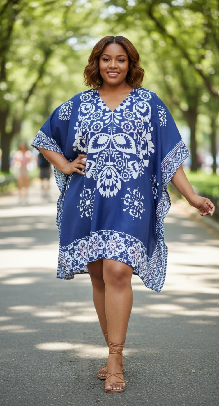 Floral Printed Blue Polyester Plus Size Tunic Top For Women