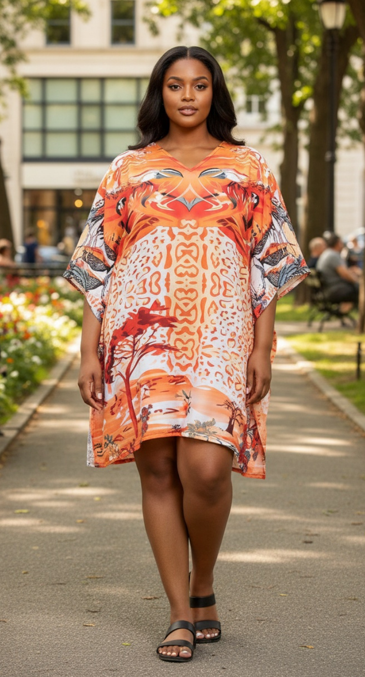 Orange Tunic Polyester Tribal Printed For Plus Size Women