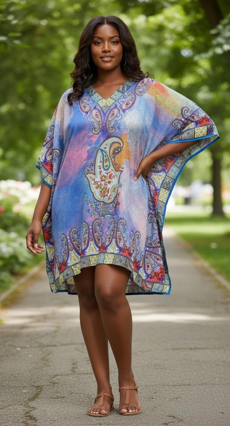Women Multicolor Paisley Print Polyester Plus Size Kimono sleeve Tunic Dress