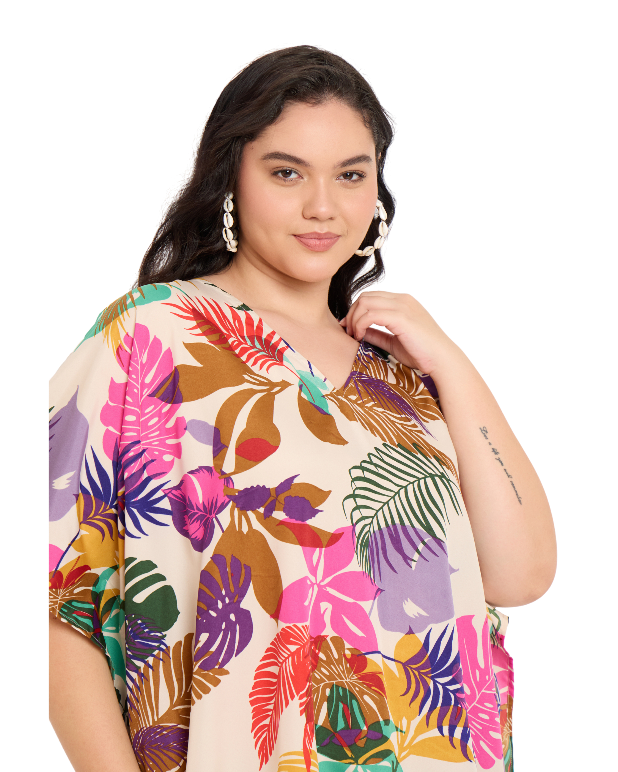 Tropical Leaf Cream Women Plus Size Short Kaftan Tunic Dress