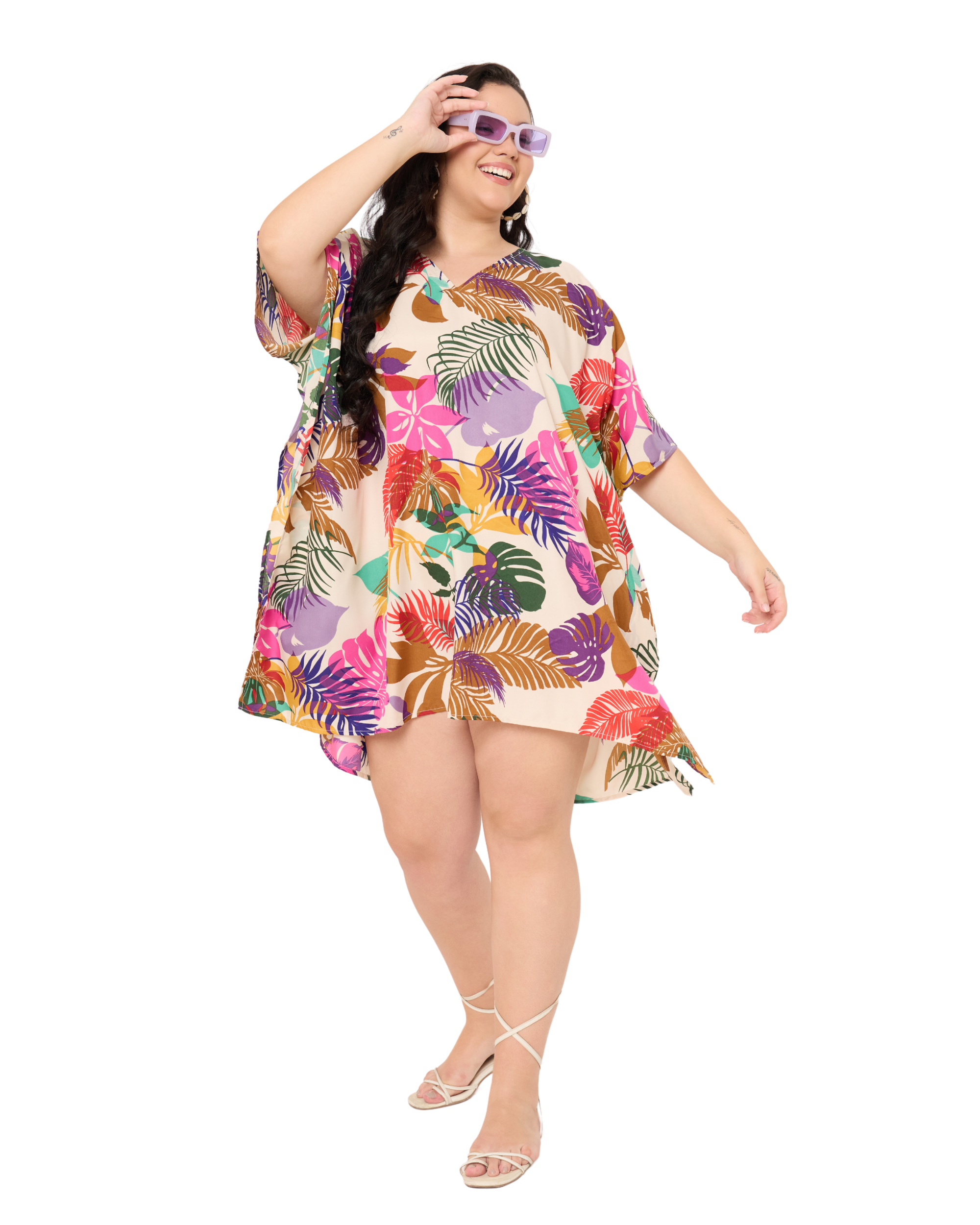 Tropical Leaf Cream Women Plus Size Short Kaftan Tunic Dress